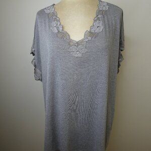 Natori Women's 2X Grey Lace Knit Top Modal Stretch Blend Short Sleeve V-Neck